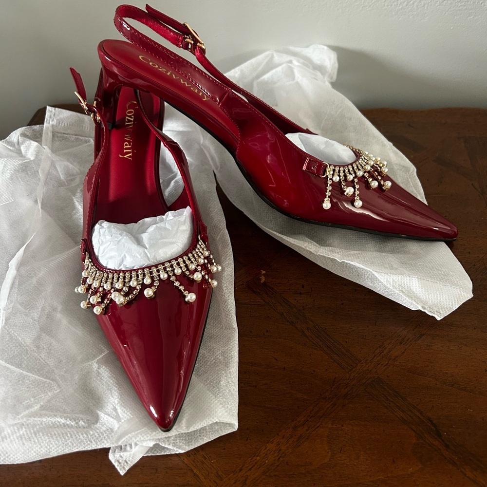 ✨Red Slingback Kitten Heels – Size 8.5/9 – Rhinestone Party Pumps ✨